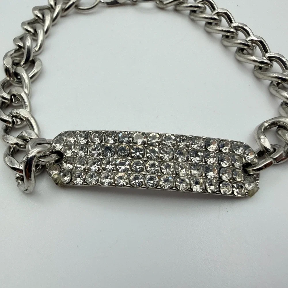 Vintage 90s Silver Tone ID Bar Bracelet Embellishments Adjustable Chain Jewelry